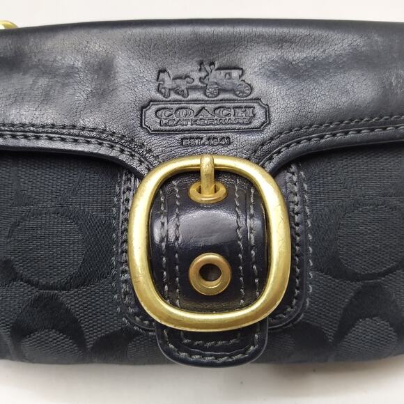 Coach Bleecker Black Canvas Leather Trim Signature Buckle Flap Closure Wristlet - Picture 4 of 16